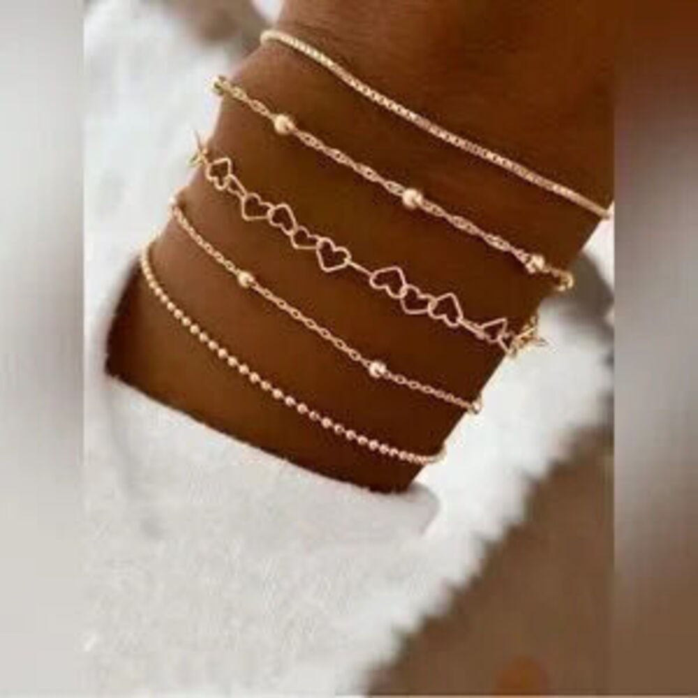 Gold 5pc Dainty Heart Chain Bracelet Set
